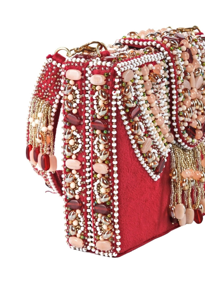 Maroon Suede Embellished Box Bag House of Kosha - Fabilicious Fashion