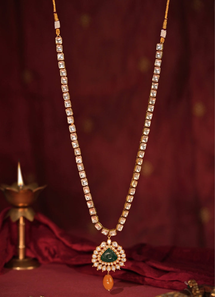 Riana Jewellery Matte Gold Long Necklace With Green PendantFabilicious Fashion
