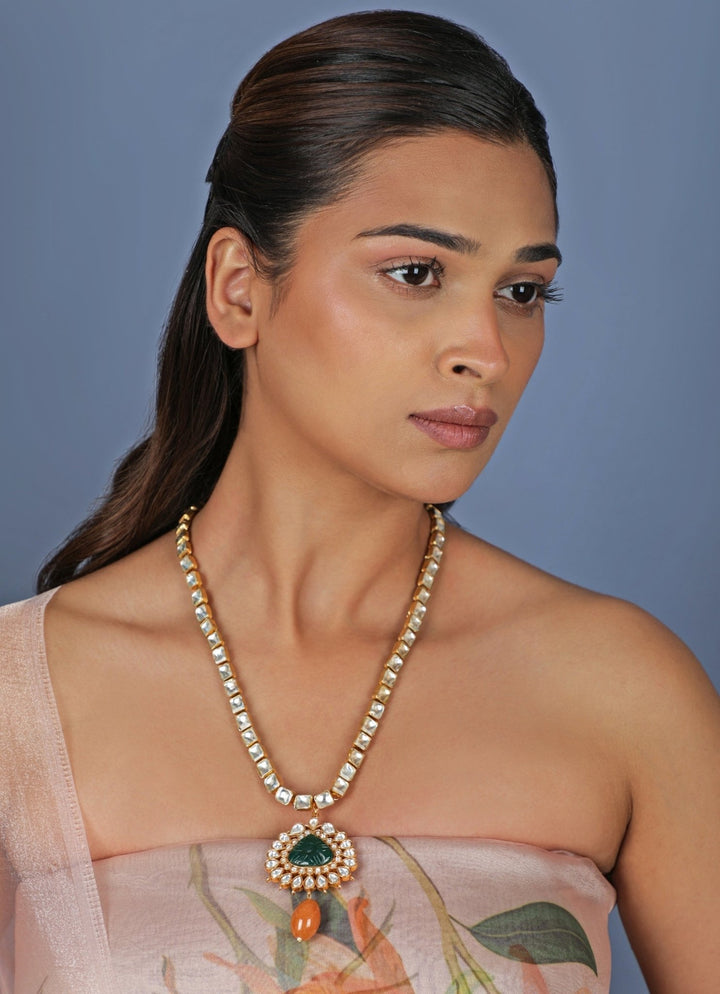 Riana Jewellery Matte Gold Long Necklace With Green PendantFabilicious Fashion