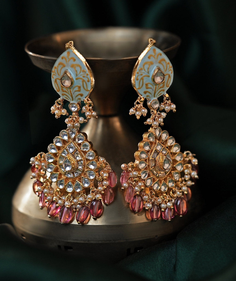Meenakari Earrings With Light Pink Beads Hangings Kalyani Indian Jewelry - Fabilicious Fashion
