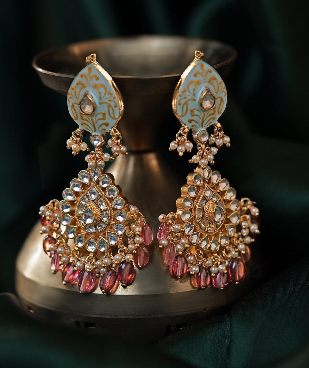 Meenakari Earrings With Light Pink Beads Hangings Kalyani Indian Jewelry - Fabilicious Fashion