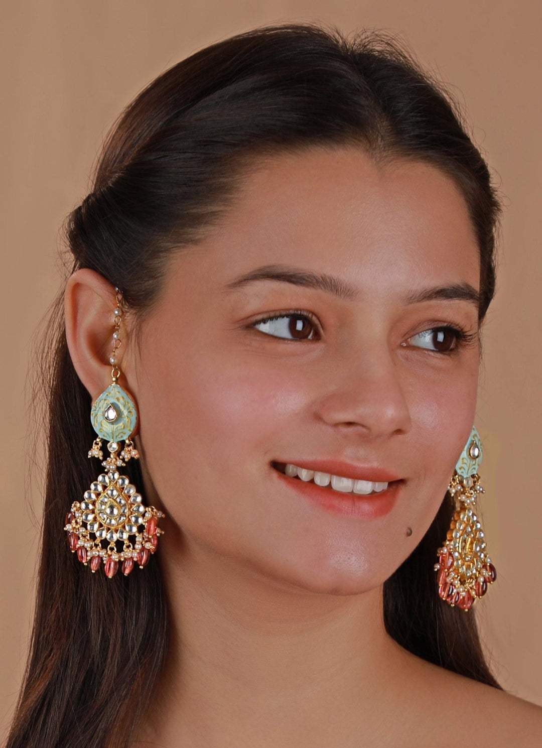 Meenakari Earrings With Light Pink Beads Hangings Kalyani Indian Jewelry - Fabilicious Fashion