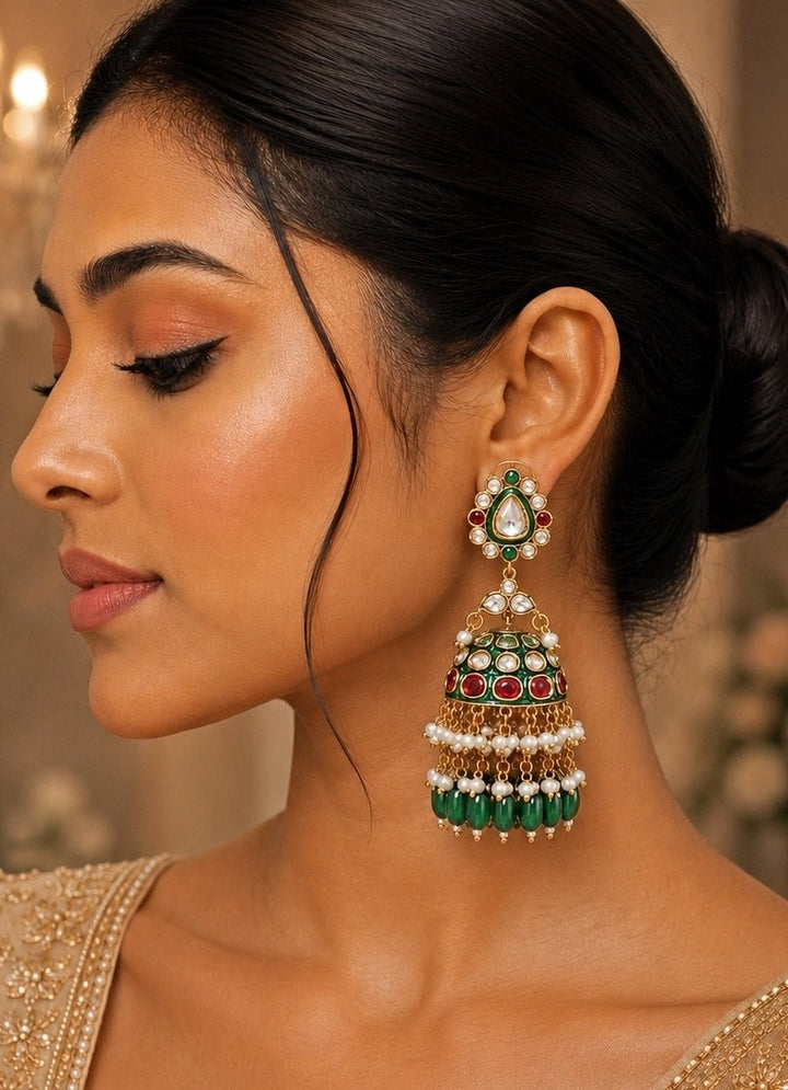 Vivinia By Vidhi Mehra Meenakari Polki Jhumka With Emerald Green DropsFabilicious Fashion