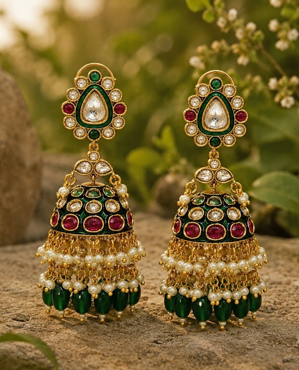 Vivinia By Vidhi Mehra Meenakari Polki Jhumka With Emerald Green DropsFabilicious Fashion