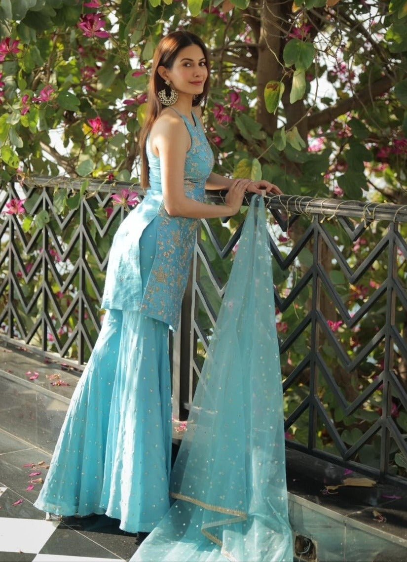 Chamee and Palak Mehak Hazel Blue Silk Kurta Sharara SetFabilicious Fashion