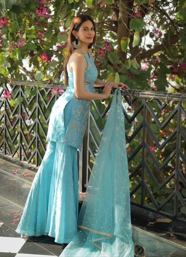 Chamee and Palak Mehak Hazel Blue Silk Kurta Sharara SetFabilicious Fashion