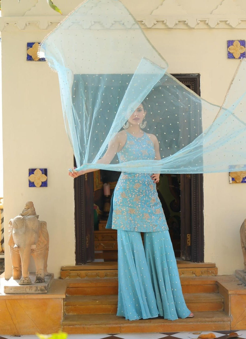Chamee and Palak Mehak Hazel Blue Silk Kurta Sharara SetFabilicious Fashion