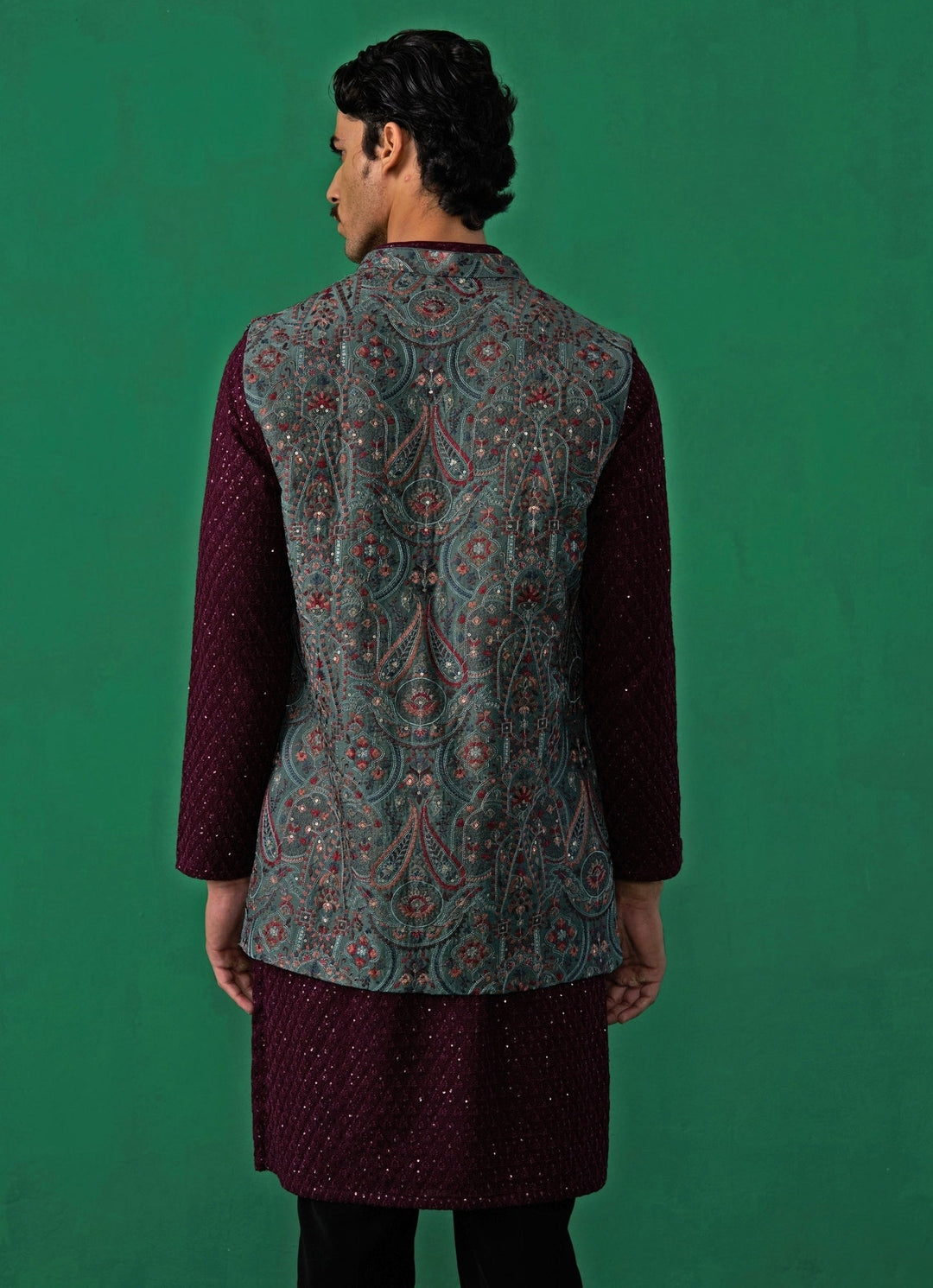 Mehendi Green And Red Embroidered Georgette Kurta Jacket Set Kalpraag - Fabilicious Fashion