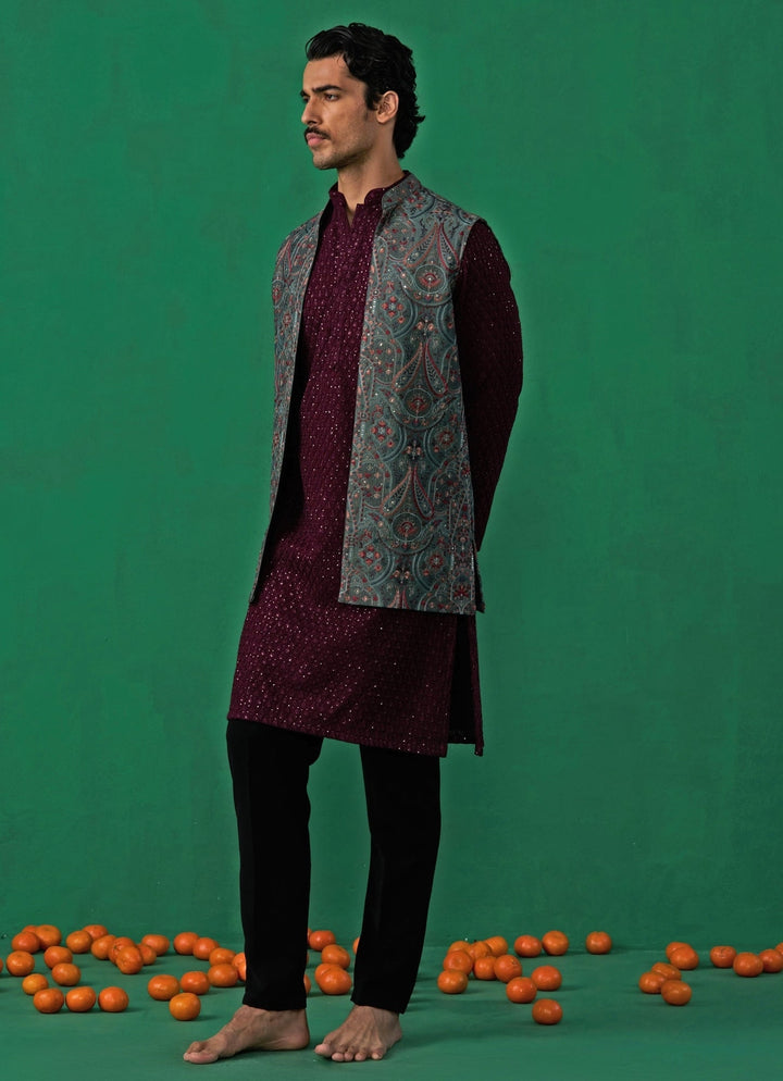 Mehendi Green And Red Embroidered Georgette Kurta Jacket Set Kalpraag - Fabilicious Fashion