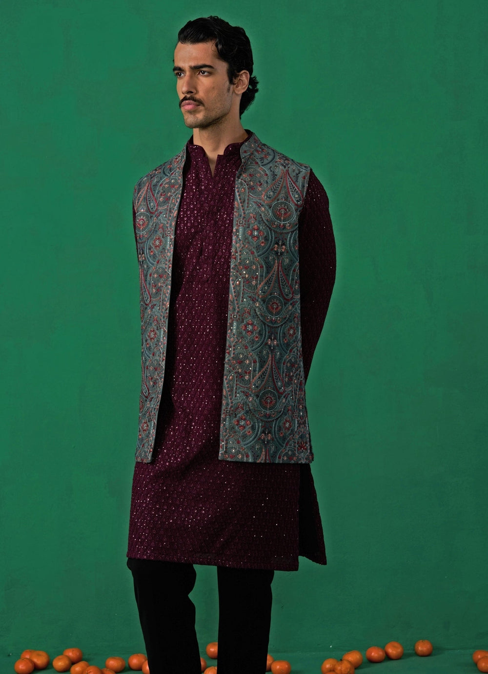 Mehendi Green And Red Embroidered Georgette Kurta Jacket Set Kalpraag - Fabilicious Fashion