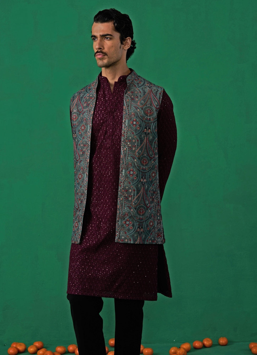 Mehendi Green And Red Embroidered Georgette Kurta Jacket Set Kalpraag - Fabilicious Fashion