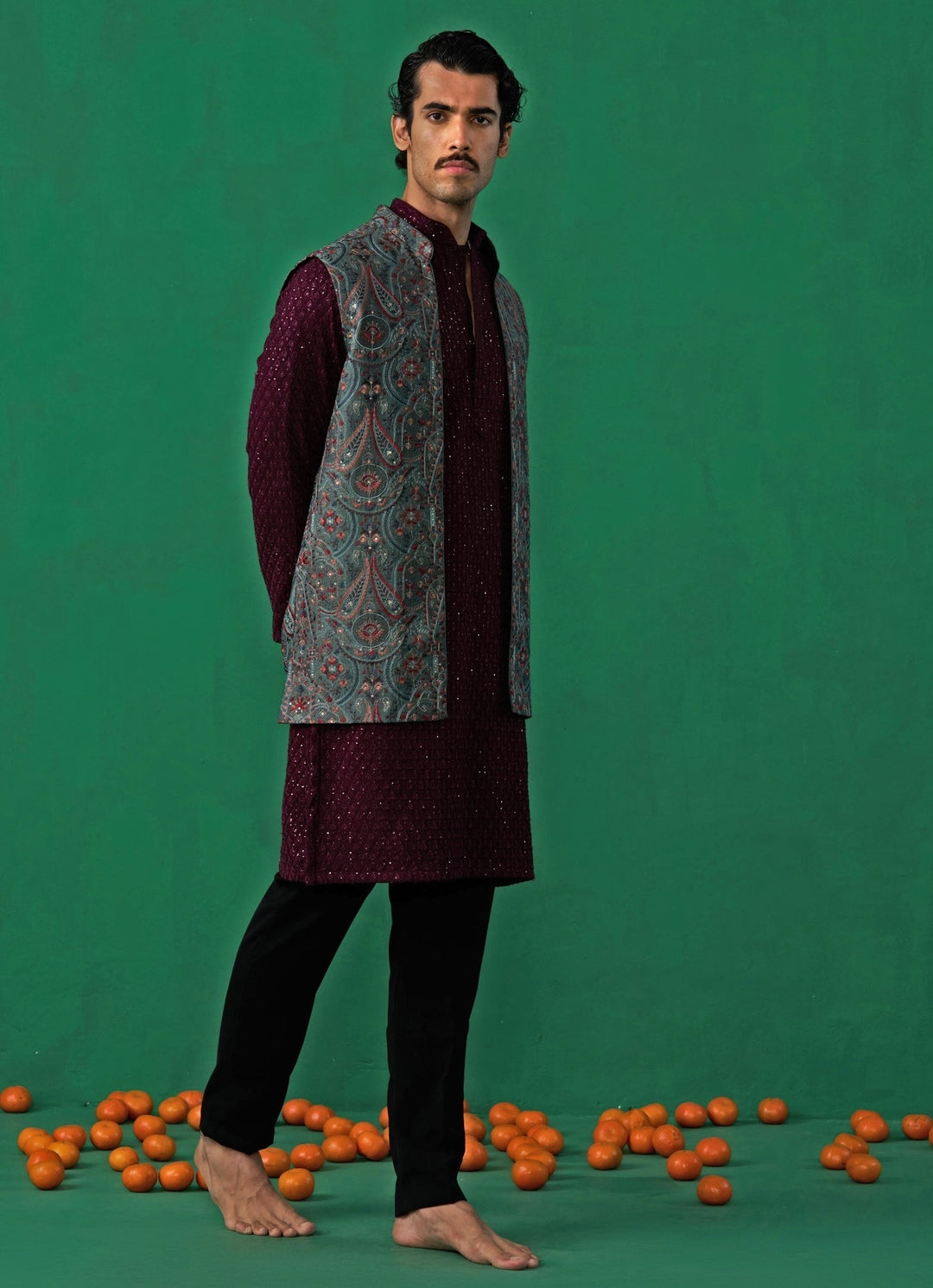 Mehendi Green And Red Embroidered Georgette Kurta Jacket Set Kalpraag - Fabilicious Fashion