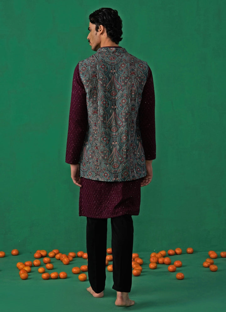 Mehendi Green And Red Embroidered Georgette Kurta Jacket Set Kalpraag - Fabilicious Fashion