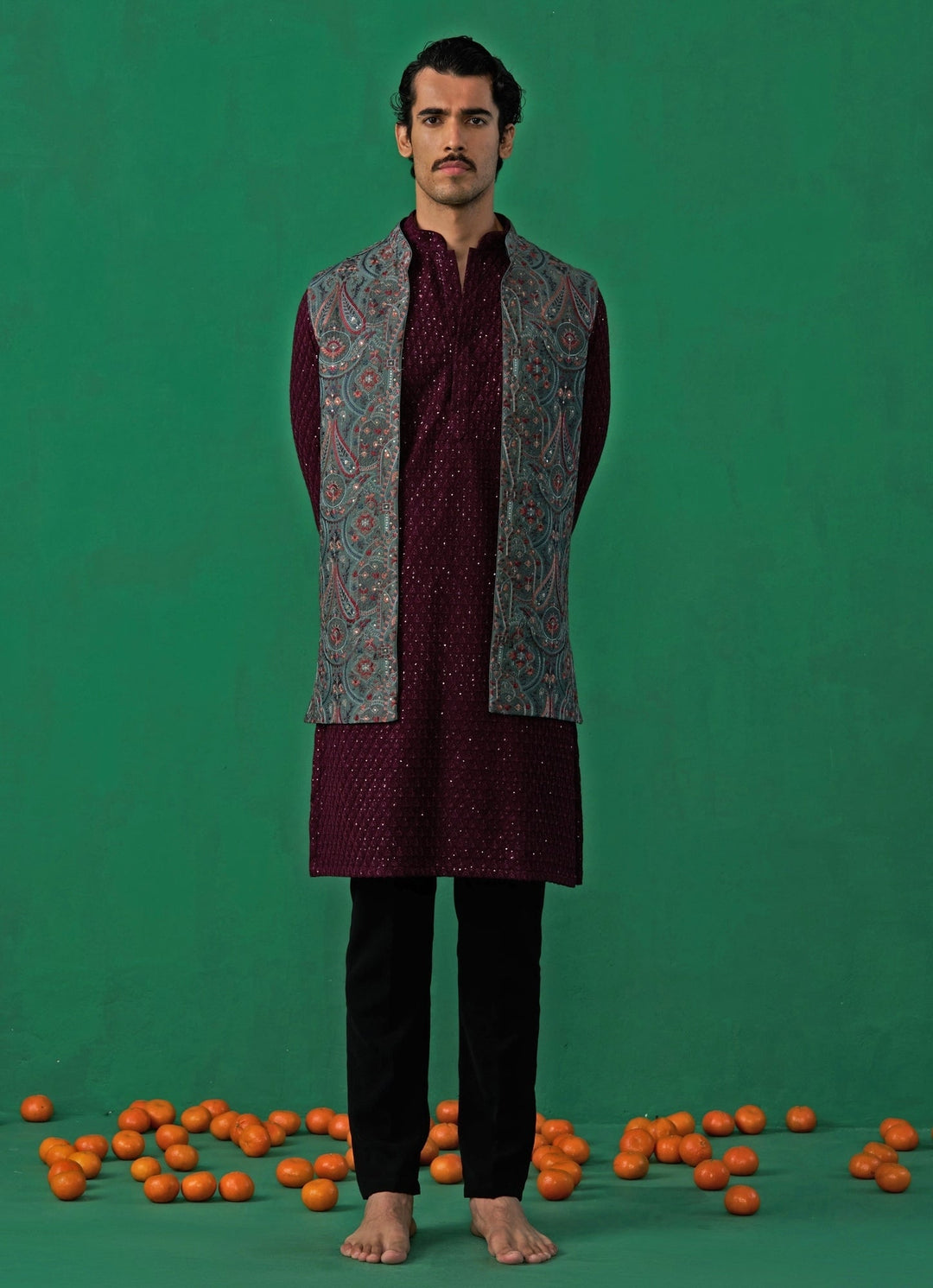 Mehendi Green And Red Embroidered Georgette Kurta Jacket Set Kalpraag - Fabilicious Fashion