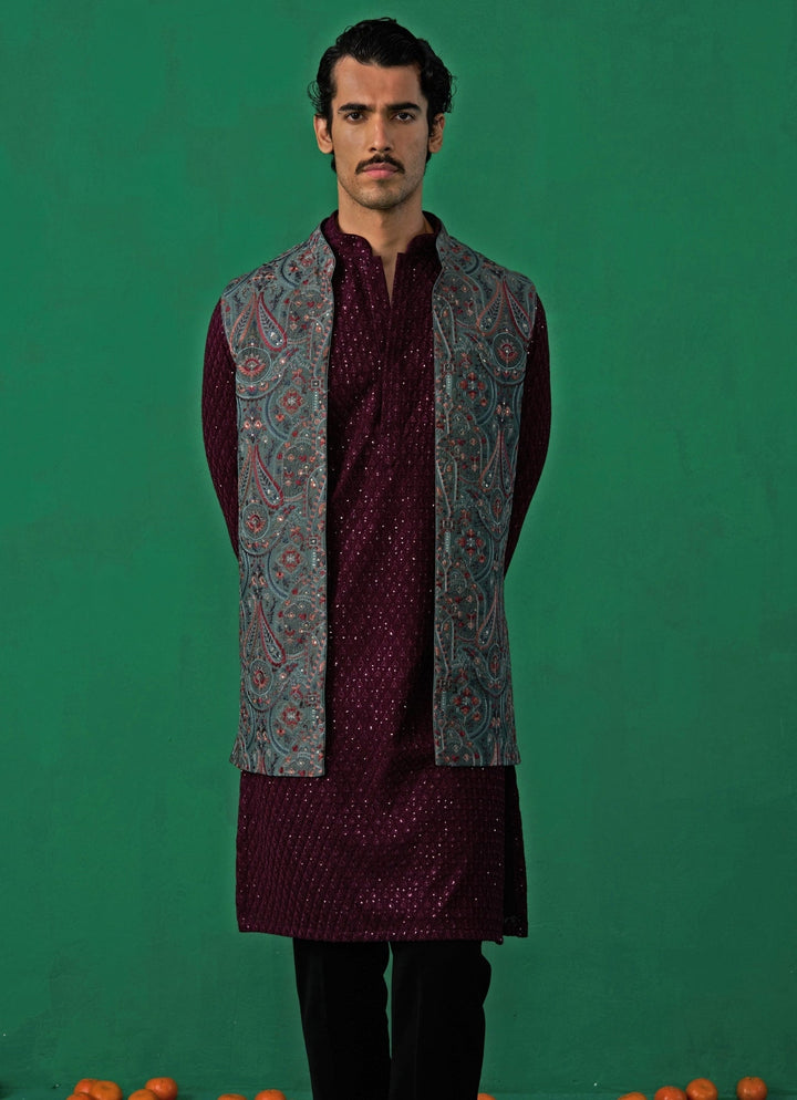 Mehendi Green And Red Embroidered Georgette Kurta Jacket Set Kalpraag - Fabilicious Fashion