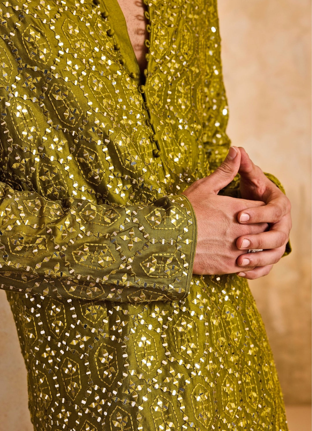 Mehendi Green Chanderi Mirrorwork Kurta Set Nitika Gujral - Men - Fabilicious Fashion