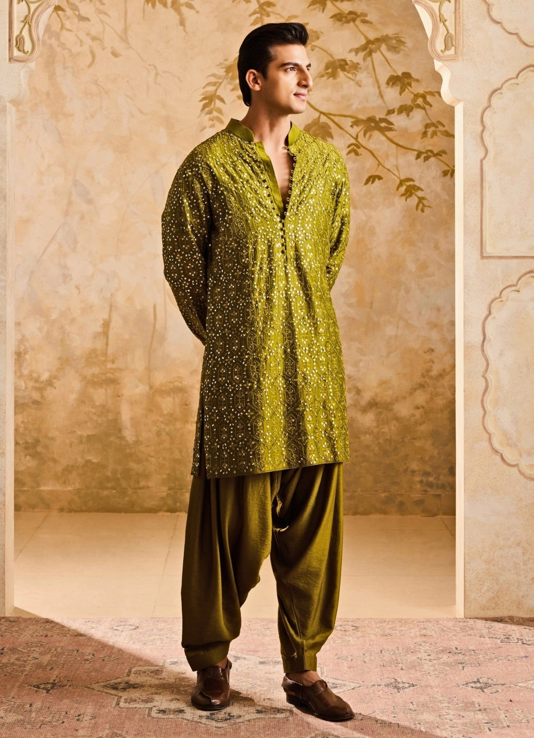 Mehendi Green Chanderi Mirrorwork Kurta Set Nitika Gujral - Men - Fabilicious Fashion