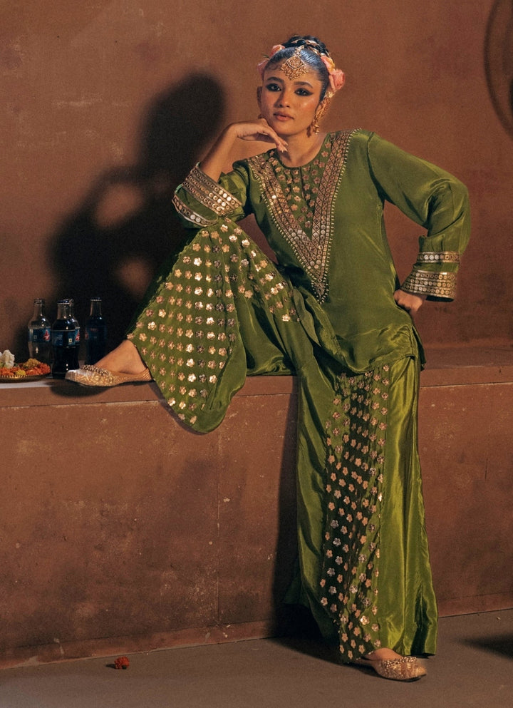 Mehendi Green Crepe Silk Sharara Prahnaaya - Fabilicious Fashion