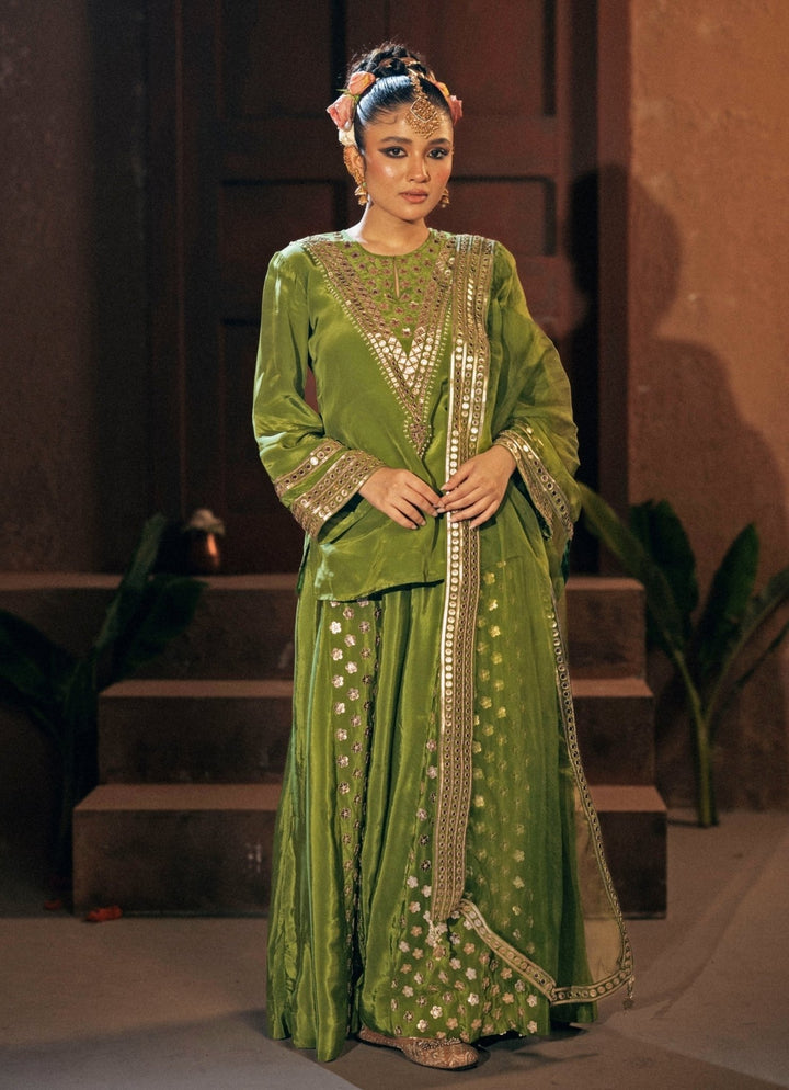 Mehendi Green Crepe Silk Sharara Prahnaaya - Fabilicious Fashion