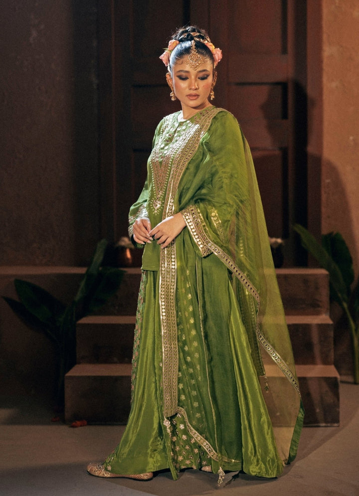 Mehendi Green Crepe Silk Sharara Prahnaaya - Fabilicious Fashion