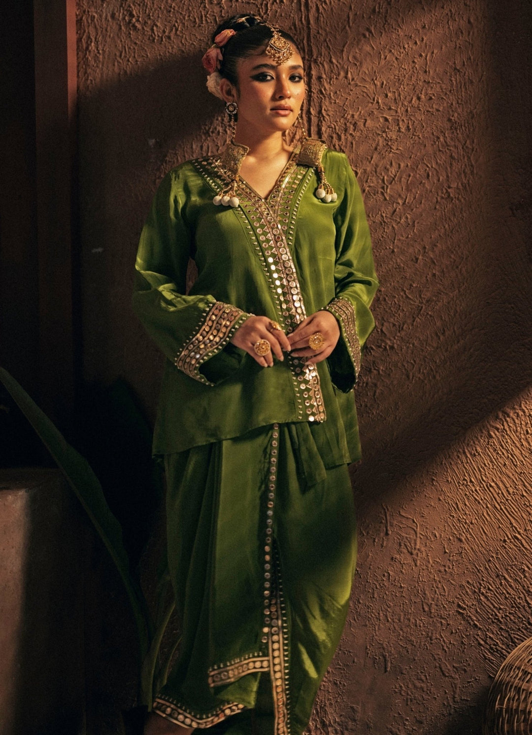 Mehendi Green Crepe Silk Tunic Jacket With Drape Skirt Prahnaaya - Fabilicious Fashion