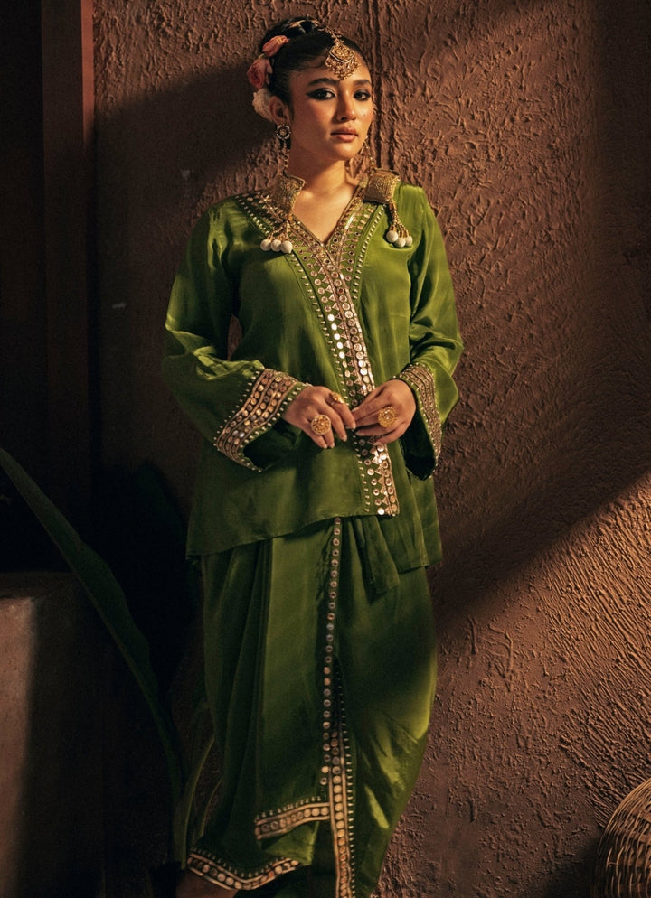 Mehendi Green Crepe Silk Tunic Jacket With Drape Skirt Prahnaaya - Fabilicious Fashion
