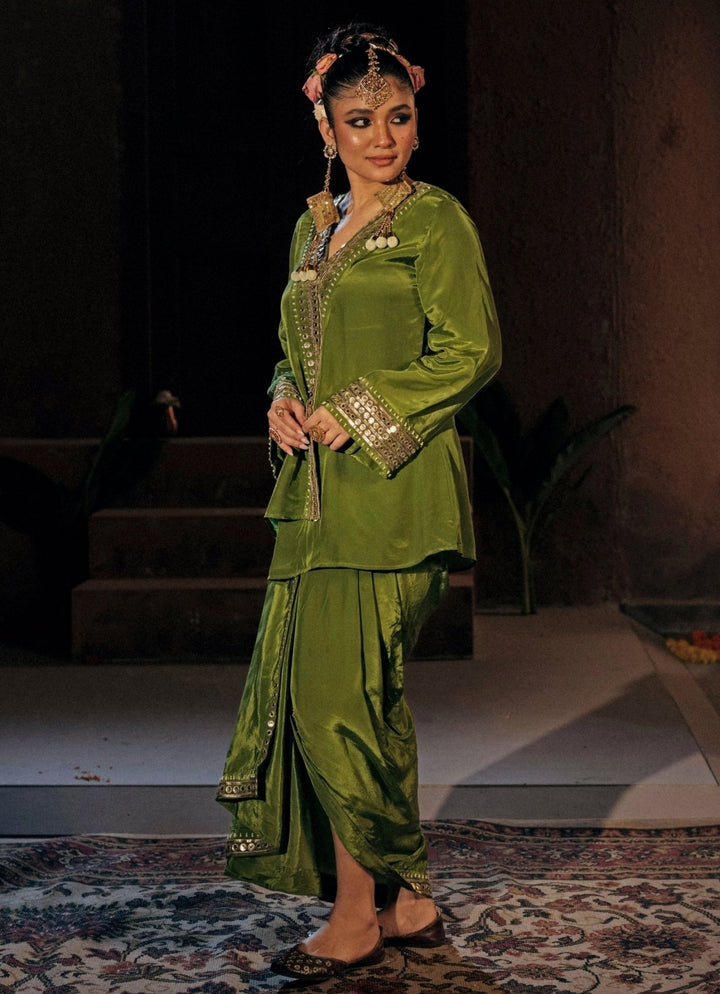 Mehendi Green Crepe Silk Tunic Jacket With Drape Skirt Prahnaaya - Fabilicious Fashion