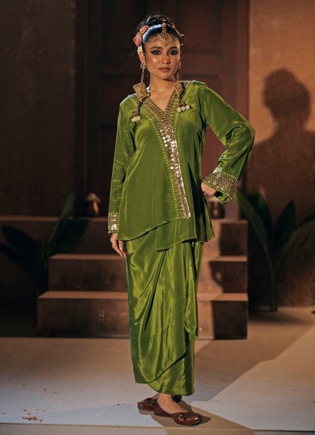 Mehendi Green Crepe Silk Tunic Jacket With Wrap Skirt Prahnaaya - Fabilicious Fashion