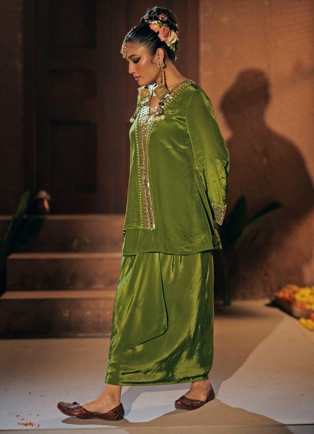 Mehendi Green Crepe Silk Tunic Jacket With Wrap Skirt Prahnaaya - Fabilicious Fashion