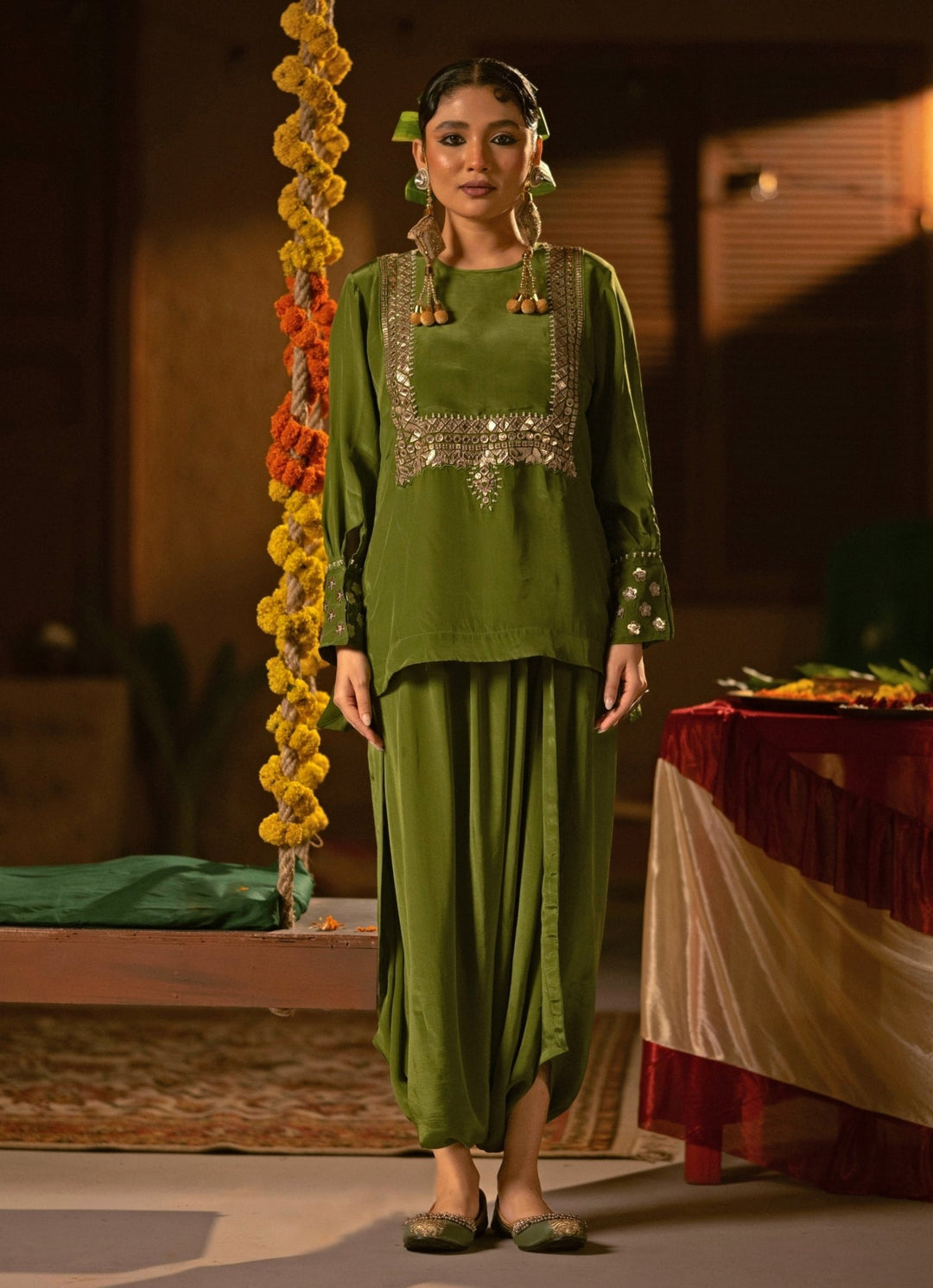 Mehendi Green Crepe Silk Tunic With Drape Skirt Prahnaaya - Fabilicious Fashion