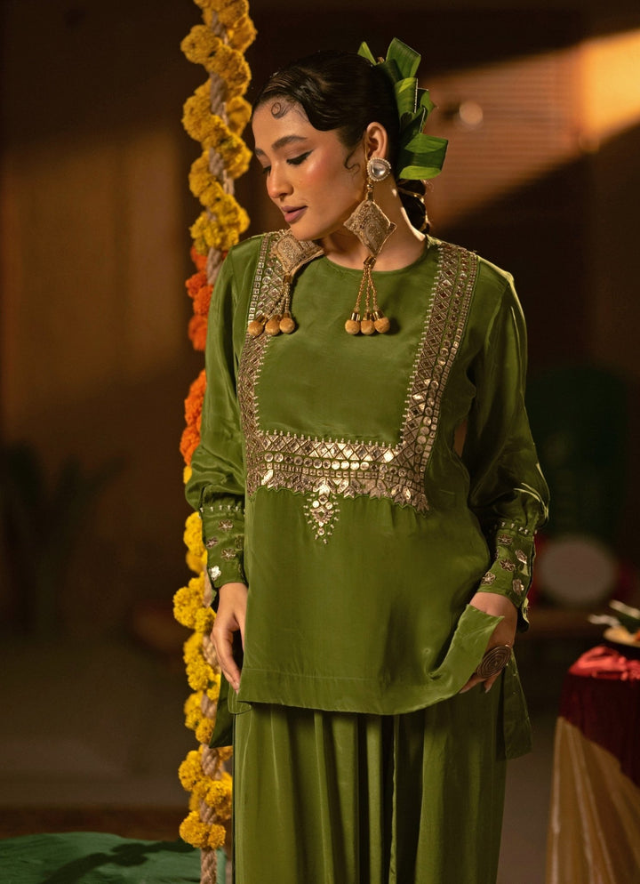 Mehendi Green Crepe Silk Tunic With Drape Skirt Prahnaaya - Fabilicious Fashion