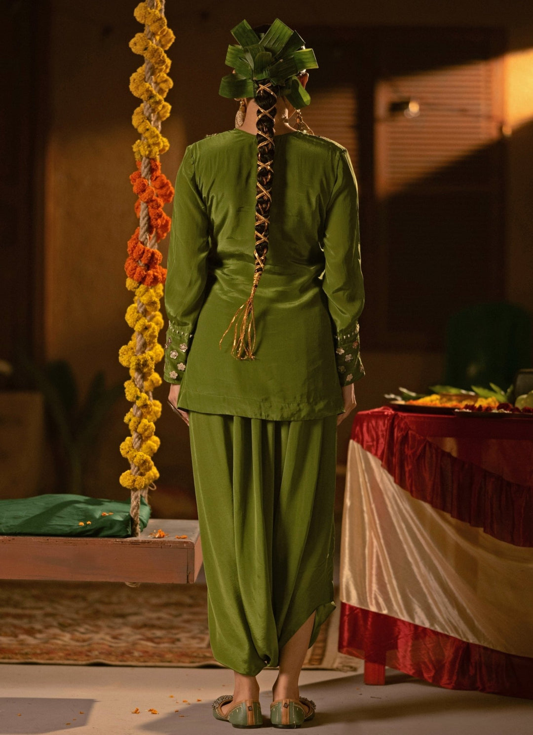 Mehendi Green Crepe Silk Tunic With Drape Skirt Prahnaaya - Fabilicious Fashion