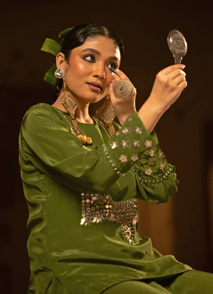 Mehendi Green Crepe Silk Tunic With Drape Skirt Prahnaaya - Fabilicious Fashion