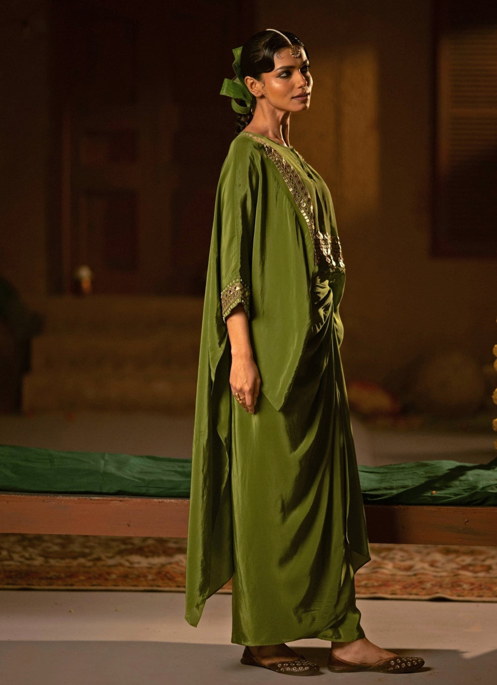 Mehendi Green Crepe Silk Wrap Skirt Set Prahnaaya - Fabilicious Fashion