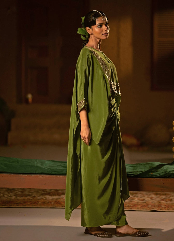 Mehendi Green Crepe Silk Wrap Skirt Set Prahnaaya - Fabilicious Fashion