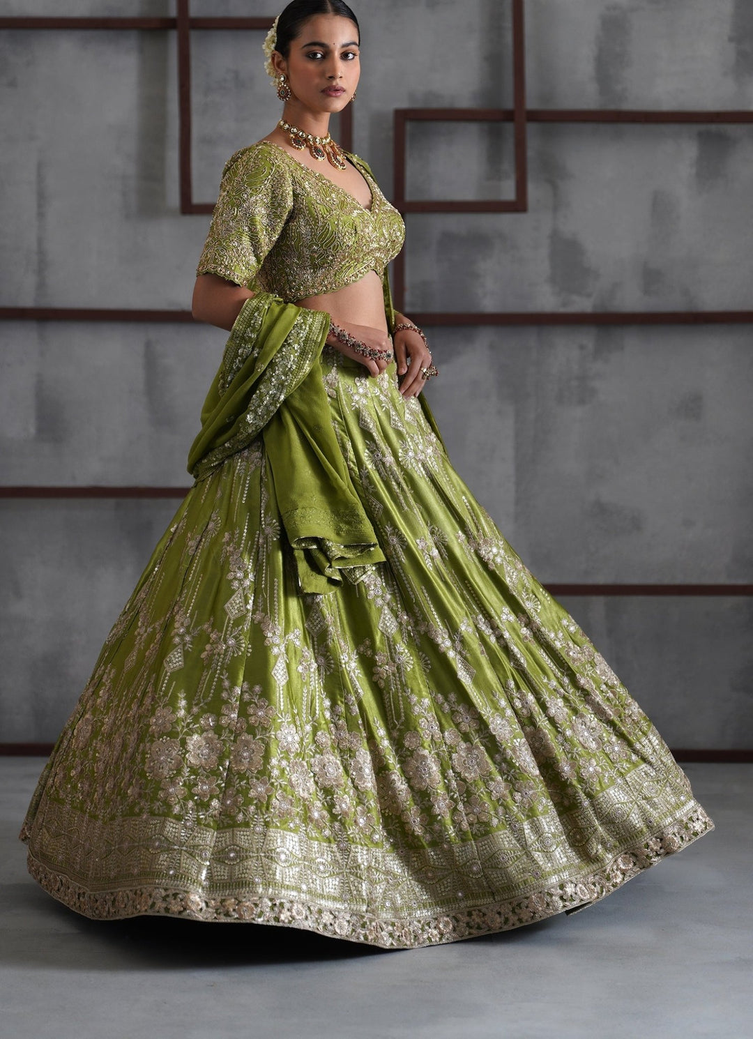 Mehendi Green Embroidered Satin Lehenga Set Deepika Chadha - Fabilicious Fashion
