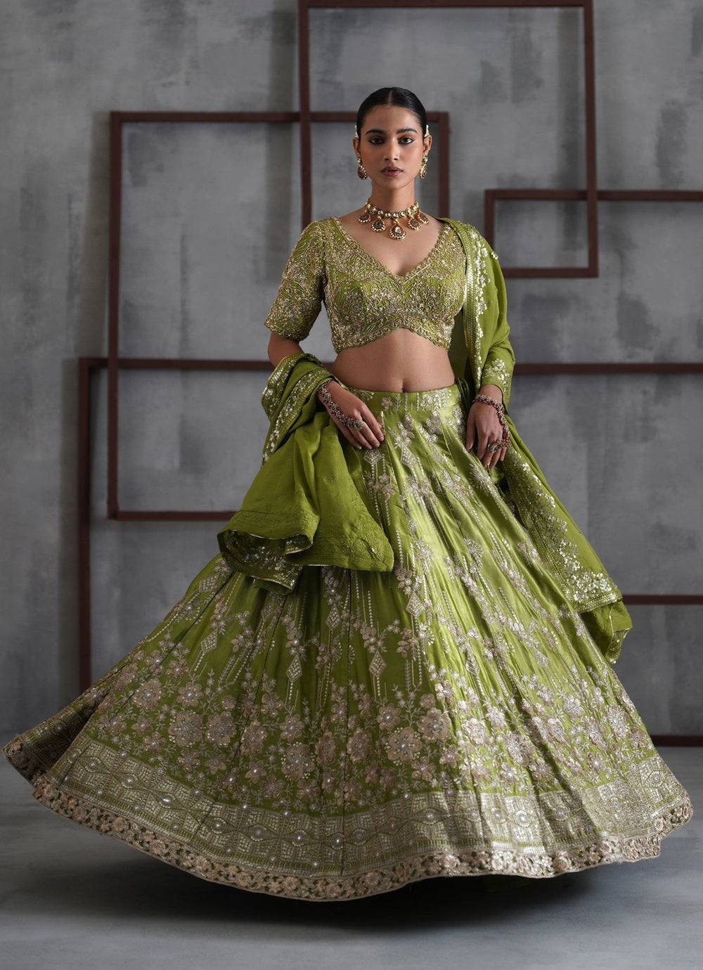 Mehendi Green Embroidered Satin Lehenga Set Deepika Chadha - Fabilicious Fashion