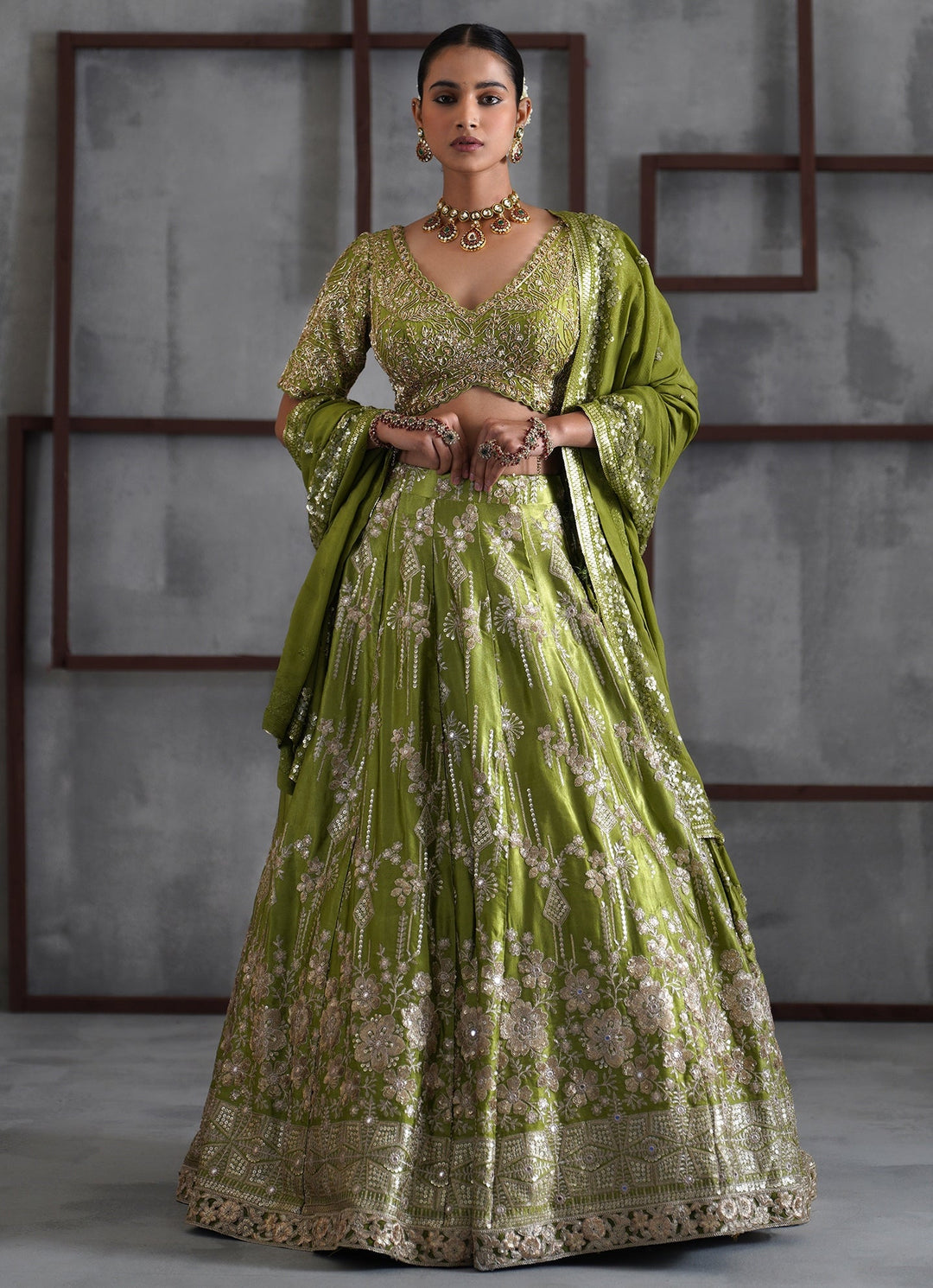 Mehendi Green Embroidered Satin Lehenga Set Deepika Chadha - Fabilicious Fashion
