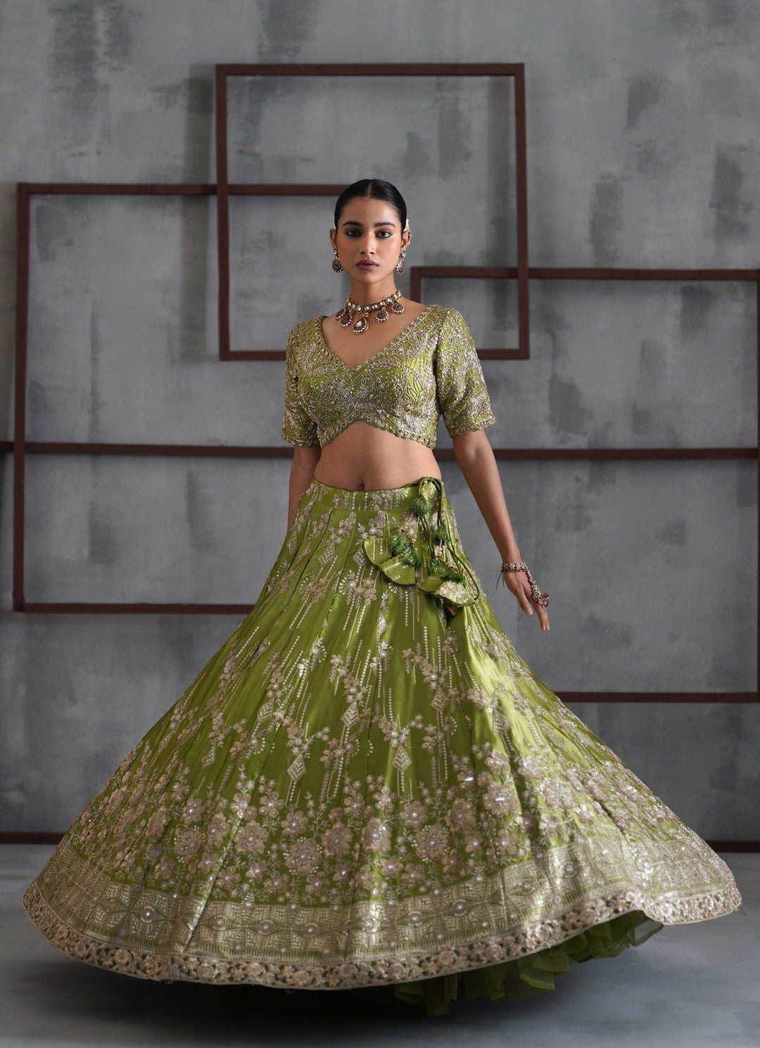 Mehendi Green Embroidered Satin Lehenga Set Deepika Chadha - Fabilicious Fashion