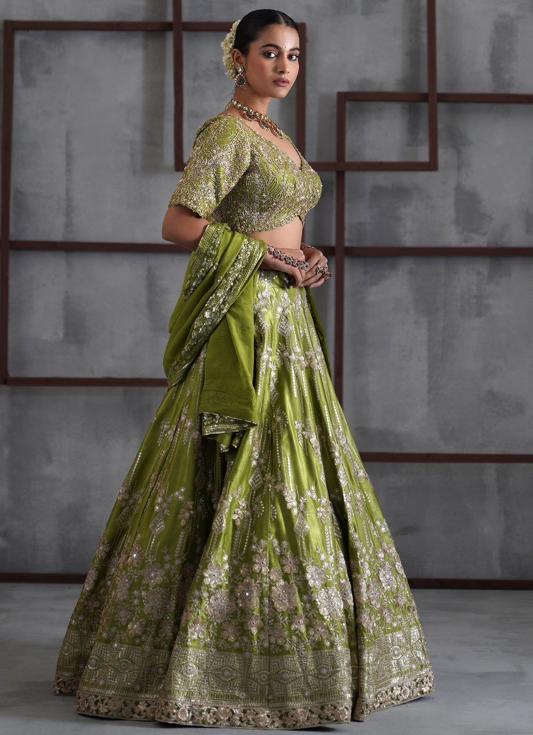 Mehendi Green Embroidered Satin Lehenga Set Deepika Chadha - Fabilicious Fashion