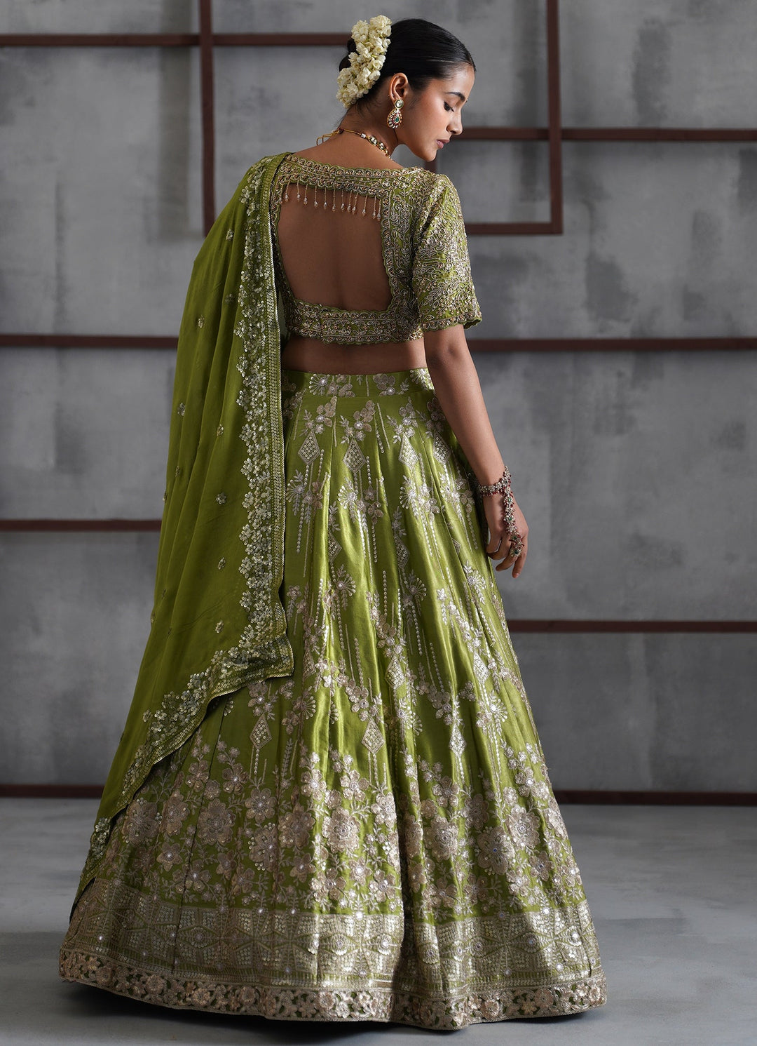 Mehendi Green Embroidered Satin Lehenga Set Deepika Chadha - Fabilicious Fashion