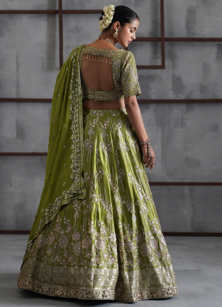 Mehendi Green Embroidered Satin Lehenga Set Deepika Chadha - Fabilicious Fashion