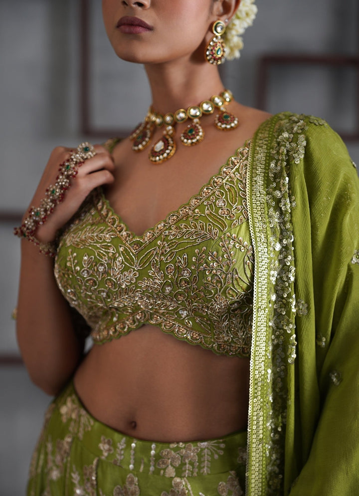 Mehendi Green Embroidered Satin Lehenga Set Deepika Chadha - Fabilicious Fashion