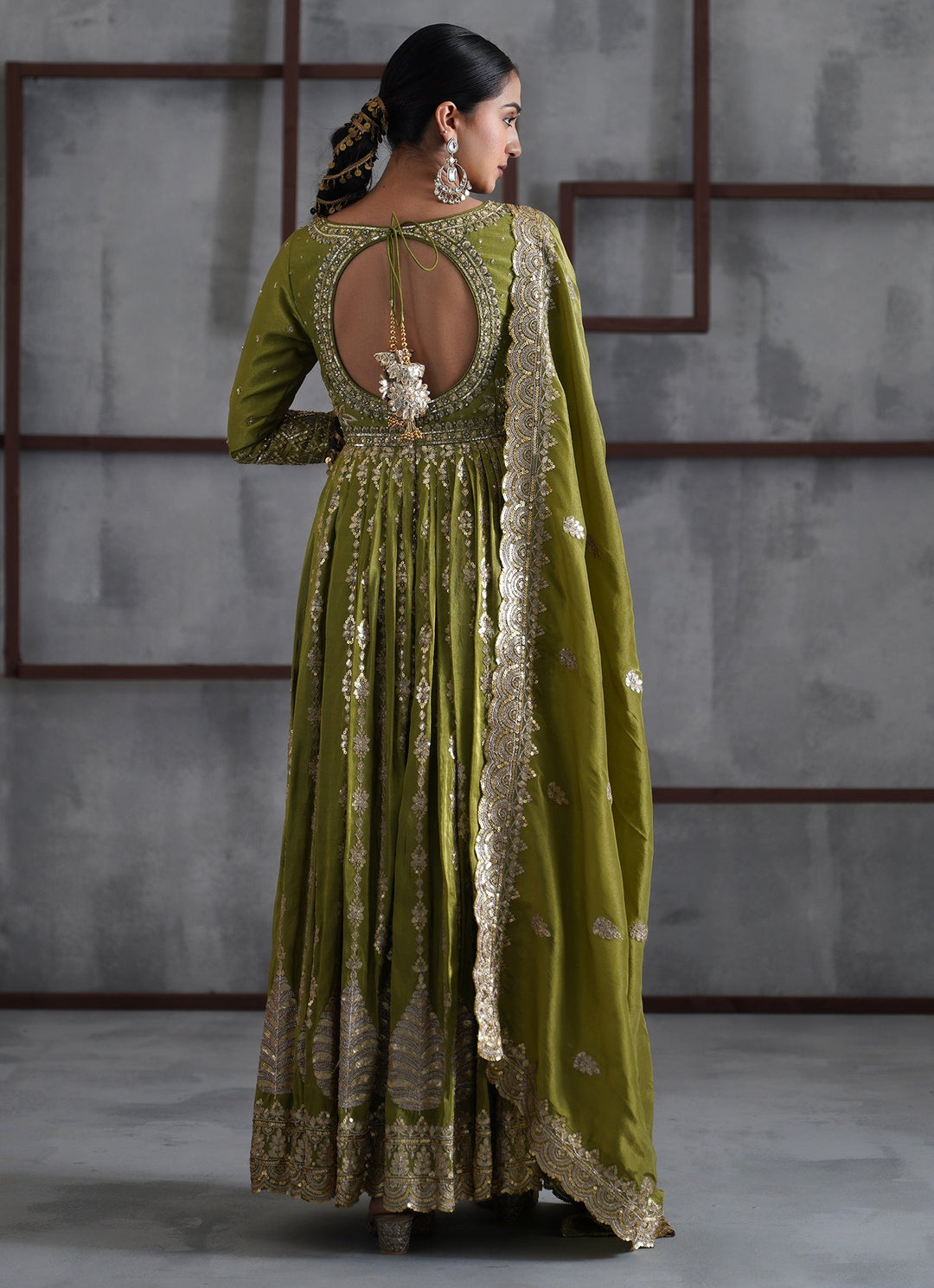 Mehendi Green Embroidered Tissue Anarkali Set Deepika Chadha - Fabilicious Fashion