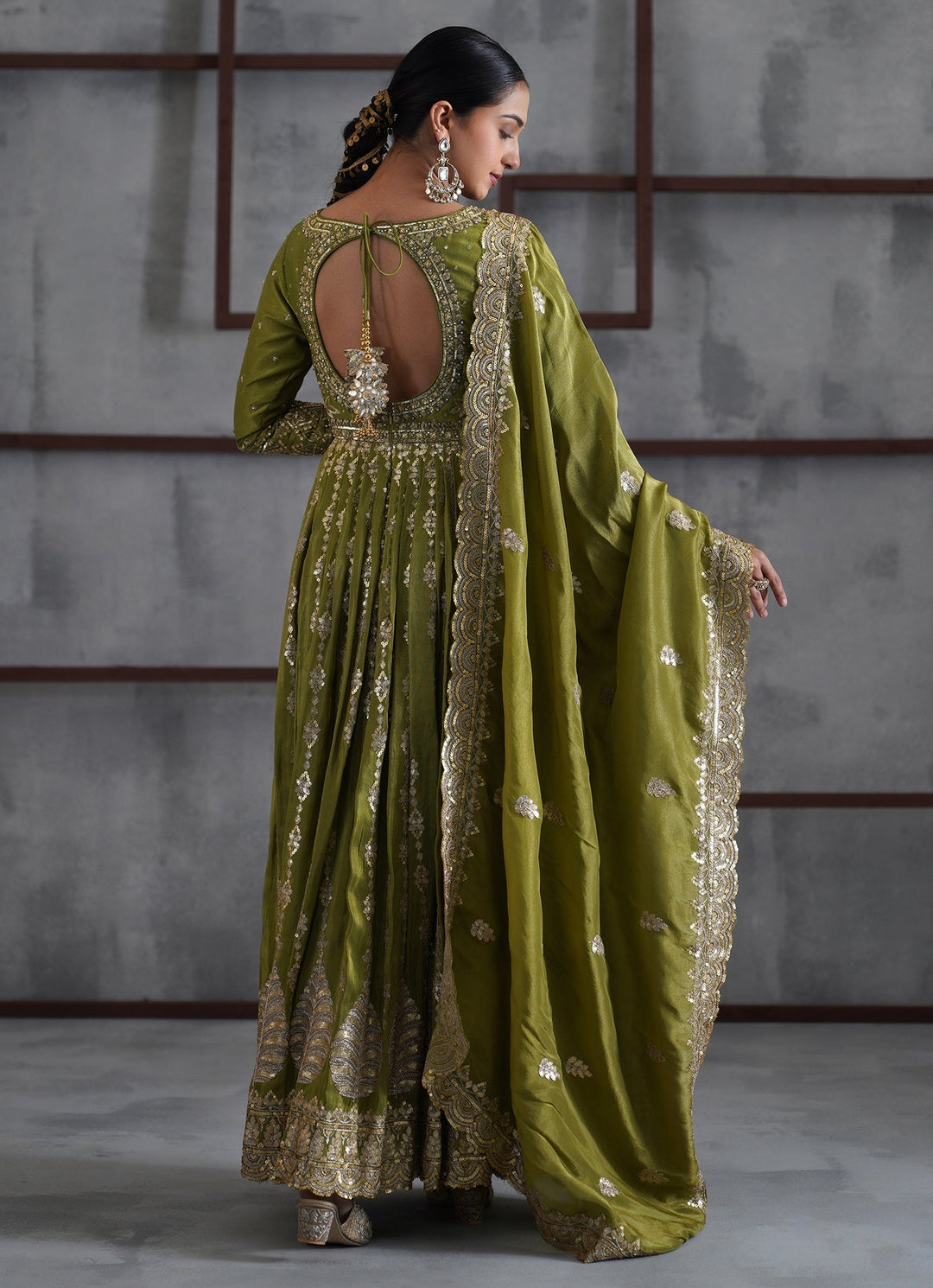 Mehendi Green Embroidered Tissue Anarkali Set Deepika Chadha - Fabilicious Fashion