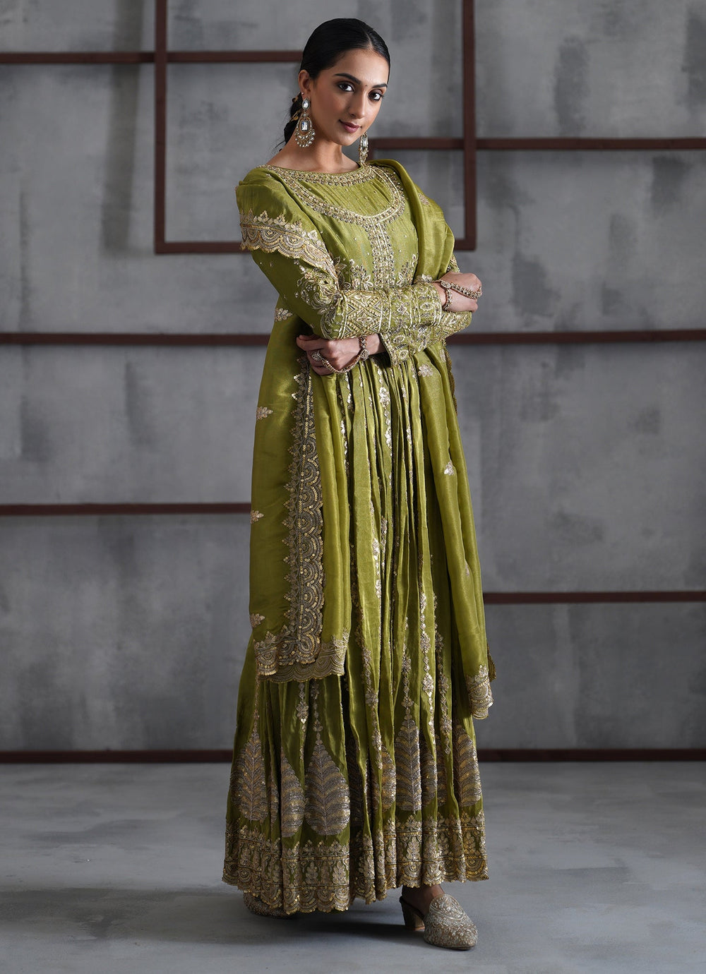 Mehendi Green Embroidered Tissue Anarkali Set Deepika Chadha - Fabilicious Fashion
