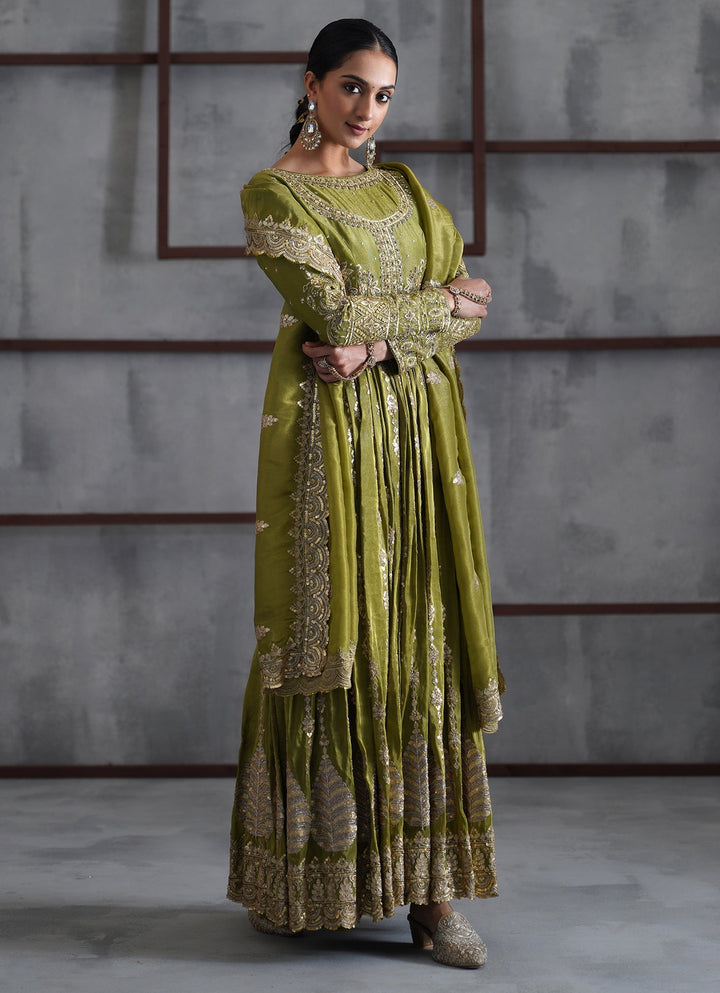 Mehendi Green Embroidered Tissue Anarkali Set Deepika Chadha - Fabilicious Fashion