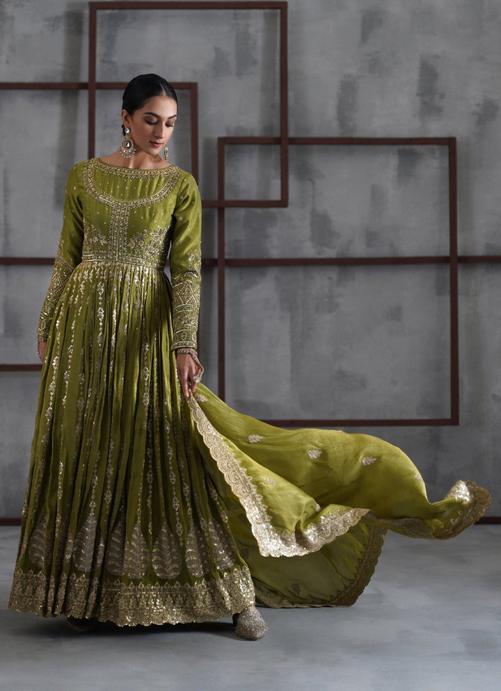 Mehendi Green Embroidered Tissue Anarkali Set Deepika Chadha - Fabilicious Fashion