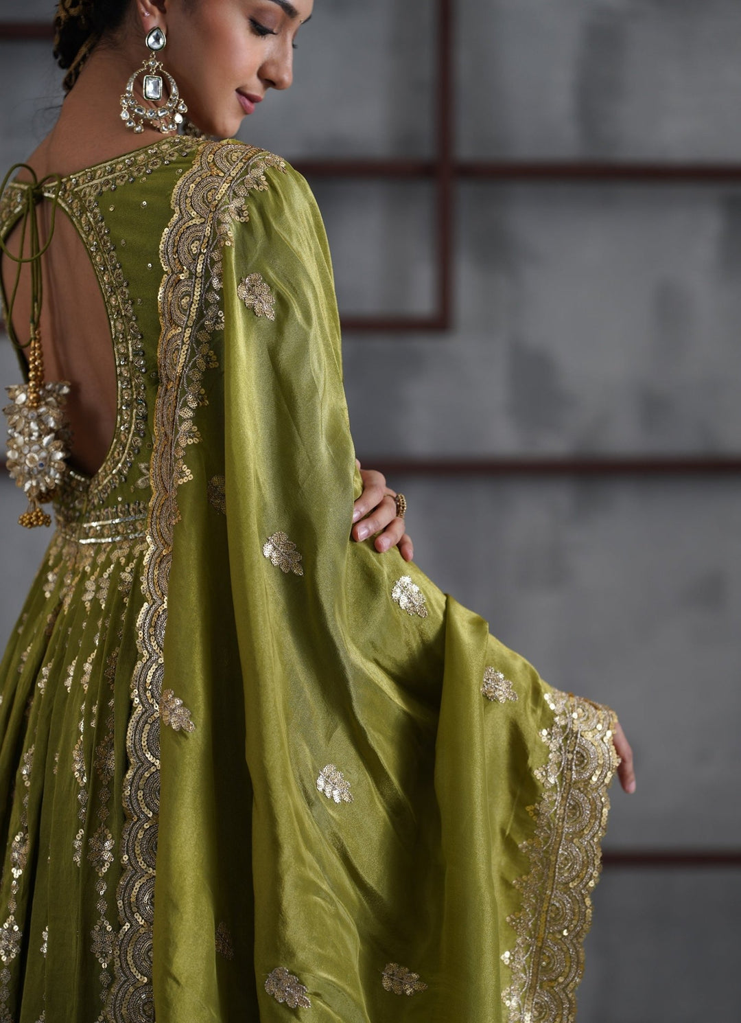 Mehendi Green Embroidered Tissue Anarkali Set Deepika Chadha - Fabilicious Fashion