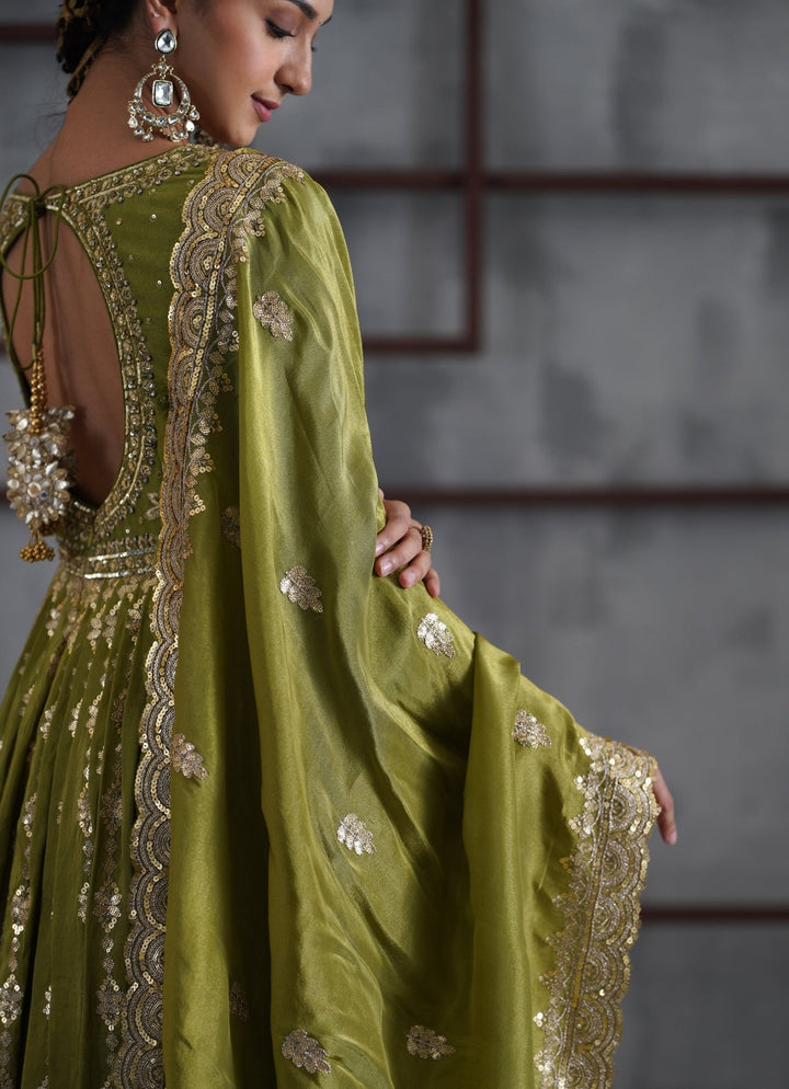 Mehendi Green Embroidered Tissue Anarkali Set Deepika Chadha - Fabilicious Fashion